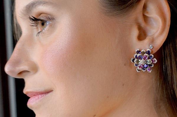 Earrings 18kt Gold Flowers Multicolor Gemstones & Diamonds