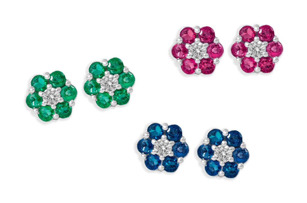 Earrings 18kt Gold Petite Flowers Gemstones & Diamonds Studs