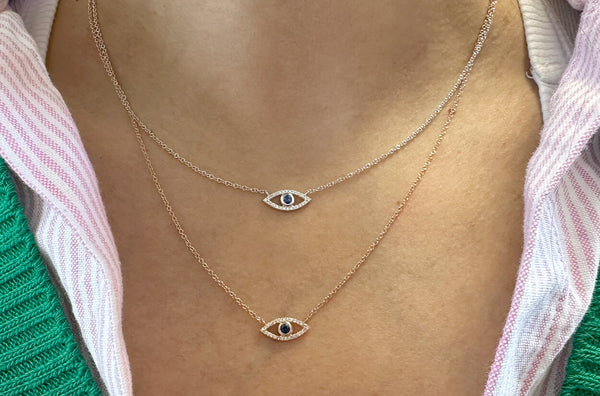 Necklace 14kt White Gold Evil Eye Bezel Sapphire & Diamonds