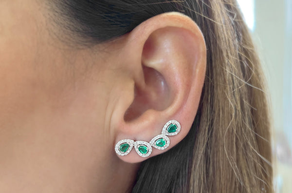 Earrings 18kt Gold Climbers Pear Emeralds with Diamonds Halo