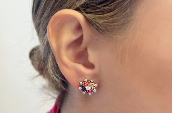 Earrings 18kt Gold Mandala Multicolor Sapphires & Diamonds