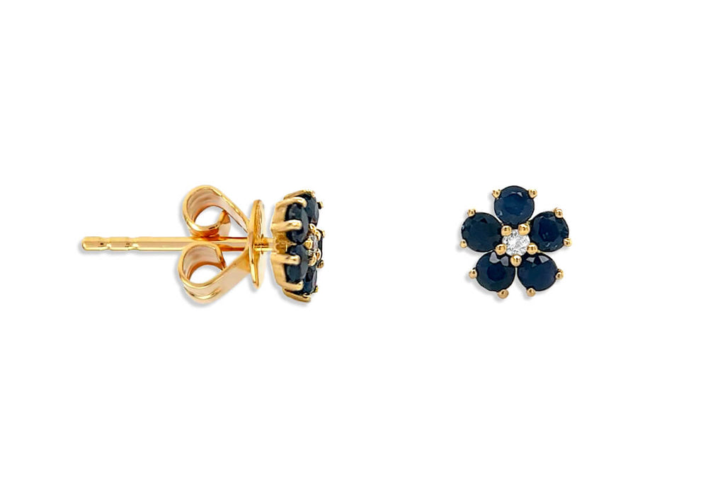 Mini Earrings 14kt Gold Flowers Sapphire & Diamonds Studs