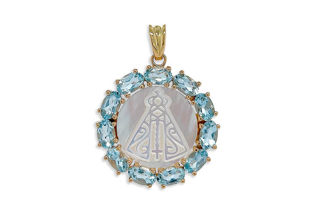 Medal Mother of Pearl Virgin of the Valley | Virgen del Valle 18kt Gold & Aquamarines