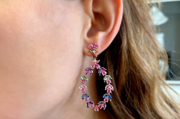 Earrings 18kt Gold Floral Sapphires Amethyst & Diamonds Drop