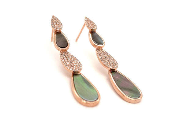 Earrings 14kt Gold Mother of Pearls & Diamonds Pears Drop - Albert Hern Fine Jewelry