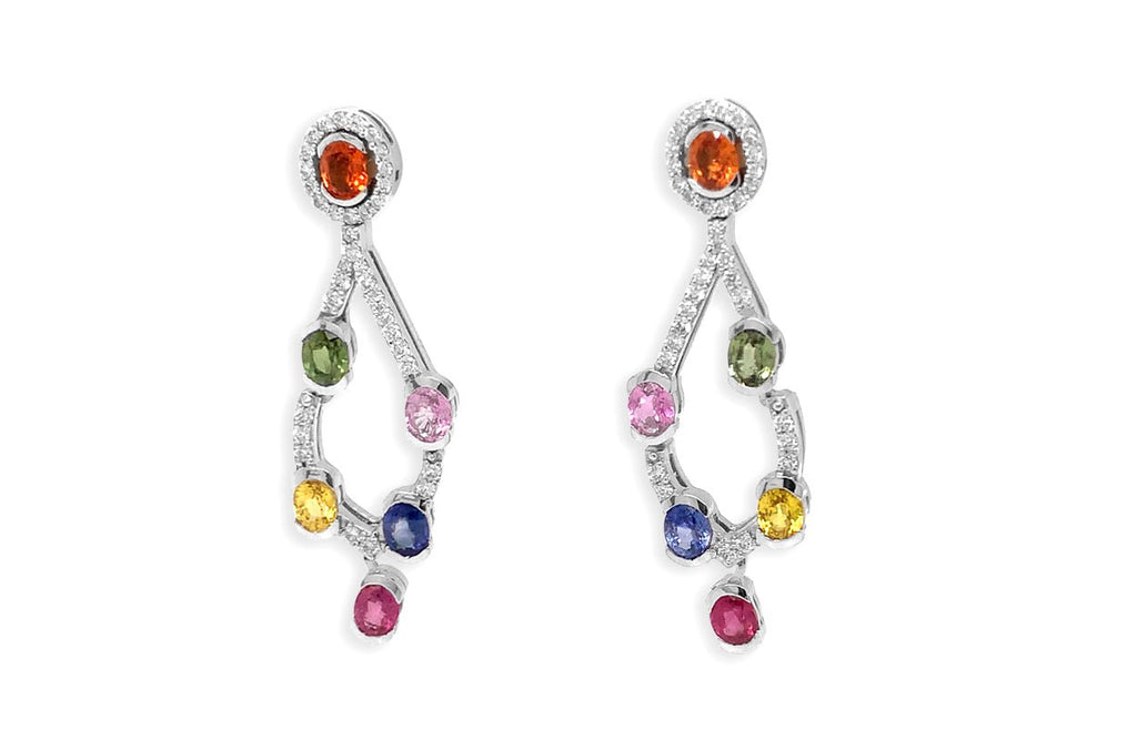 Earrings 18kt Gold Chandelier with Multicolor Sapphires & Diamonds - Albert Hern Fine Jewelry