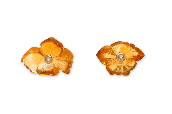 Earrings 18kt Gold Citrine Asymmetrical Carved Flowers & Diamonds - Albert Hern Fine Jewelry