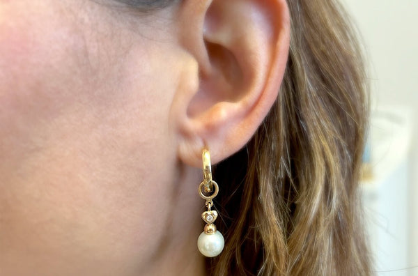 Earrings 18kt Gold Detachable Pearls & Hearts with Diamonds Drop - Albert Hern Fine Jewelry