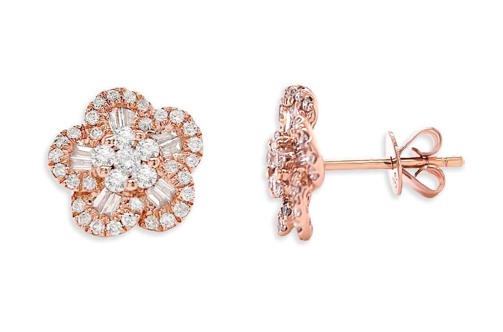 Earrings 18kt Gold Flowers Baguette & Round Diamonds - Albert Hern Fine Jewelry
