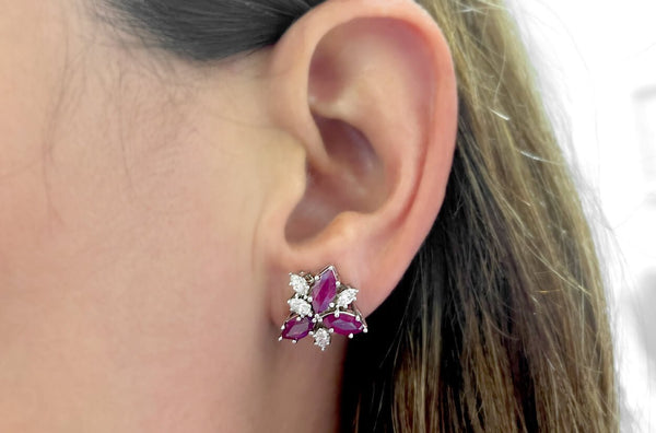 Earrings 18kt Gold Flowers Marquise Rubies & Diamonds - Albert Hern Fine Jewelry
