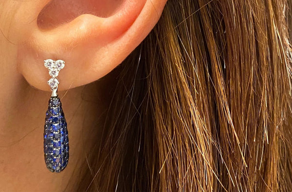 Earrings 18kt Gold Long Tear Blue Sapphires & Diamonds - Albert Hern Fine Jewelry