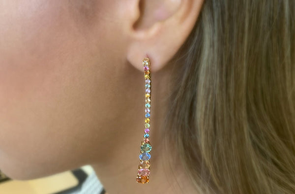 Earrings 18kt Gold Multicolor Sapphires in Line - Albert Hern Fine Jewelry