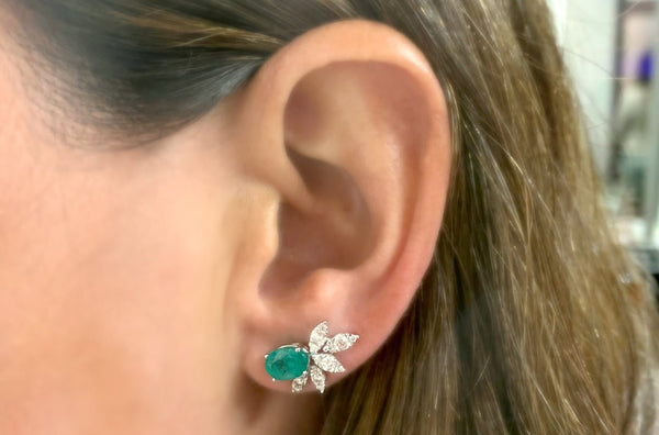 Earrings 18kt Gold Oval Emerald & Diamonds Flowers - Albert Hern Fine Jewelry