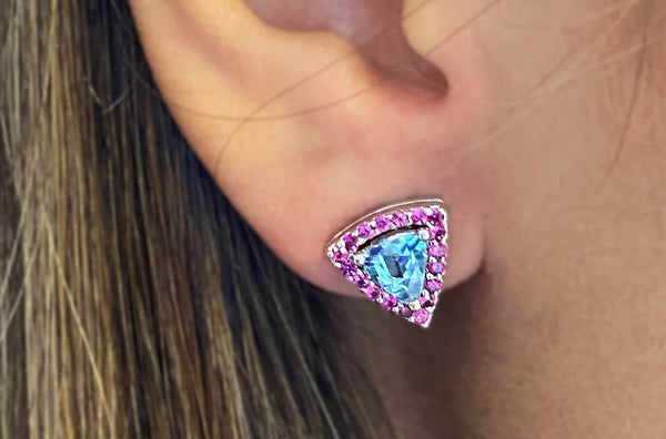 Earrings 18kt Gold Trillion Aquamarines & Pink Sapphires - Albert Hern Fine Jewelry
