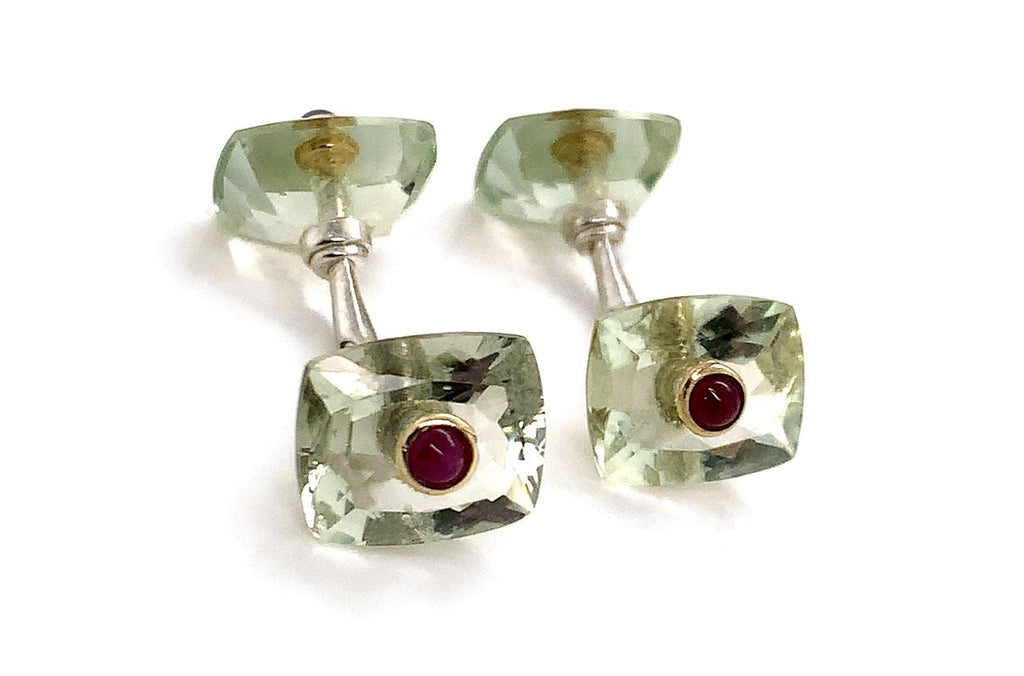 Men's Silver Base Emerald cut Green Amatistas & Ruby Cufflinks - Albert Hern Fine Jewelry