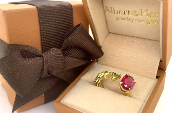 Ring 18kt Gold Oval Rubellite & Green Sapphires - Albert Hern Fine Jewelry