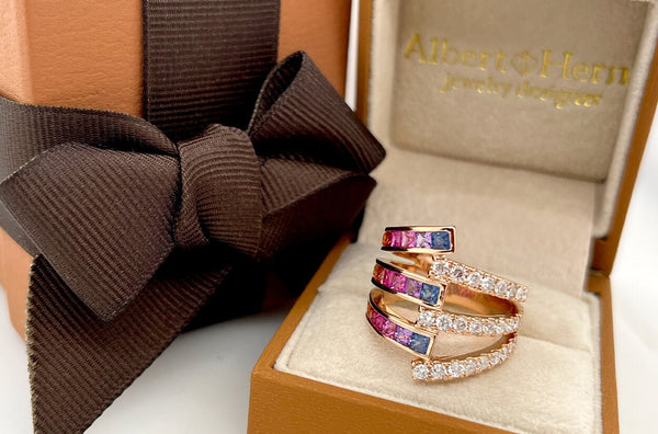 Ring 18kt Gold Wrap Rainbow Square Sapphires & Diamonds - Albert Hern Fine Jewelry