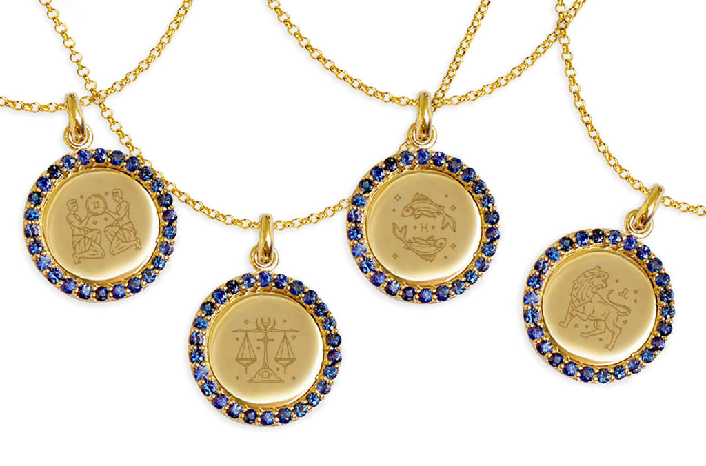 Necklace 14kt Gold Zodiac Medal & Gemstones