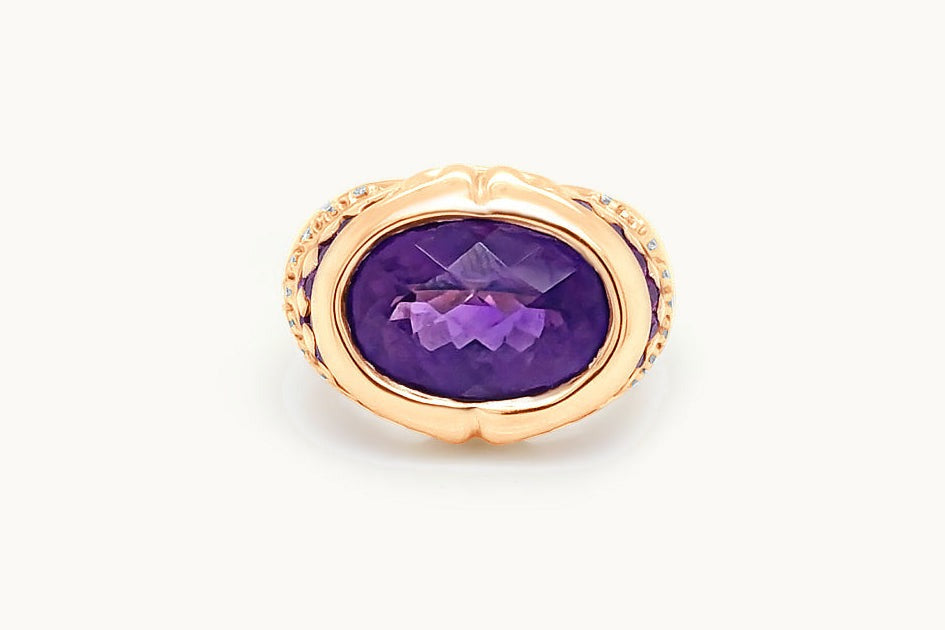 18Kt Yellow Gold Amethyst pink Sapphires and Diamonds Ring
