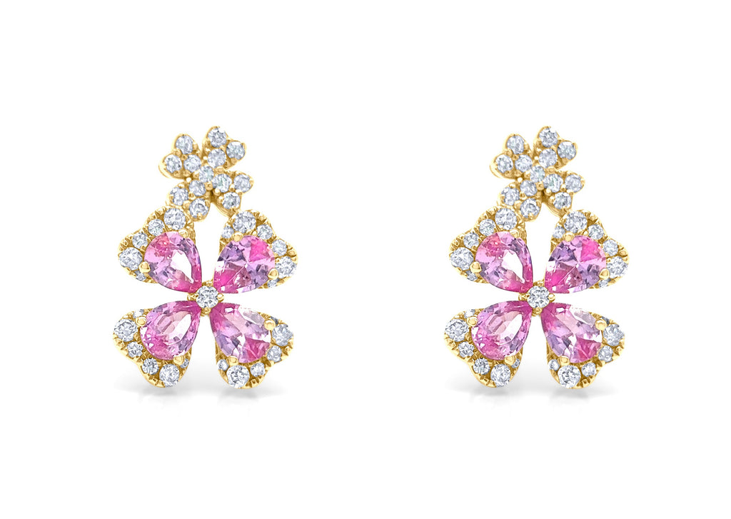 Earrings 18kt Rose Gold Two Flowers Pink Sapphire & Diamonds