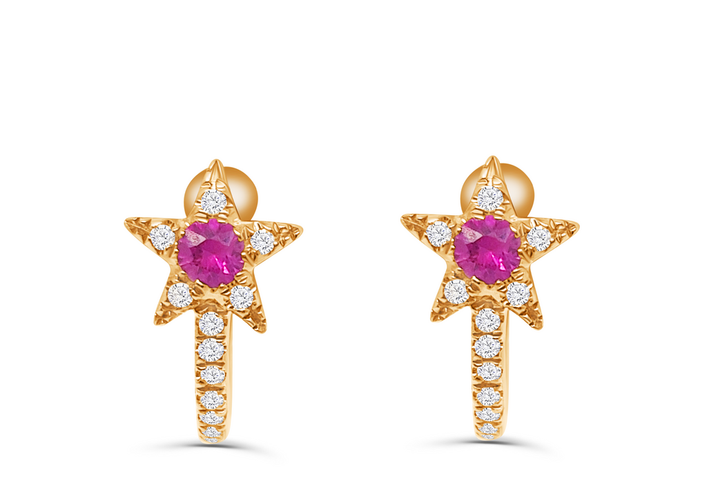 Earrings Huggie Star 14kt Rose Gold Ruby & Diamonds