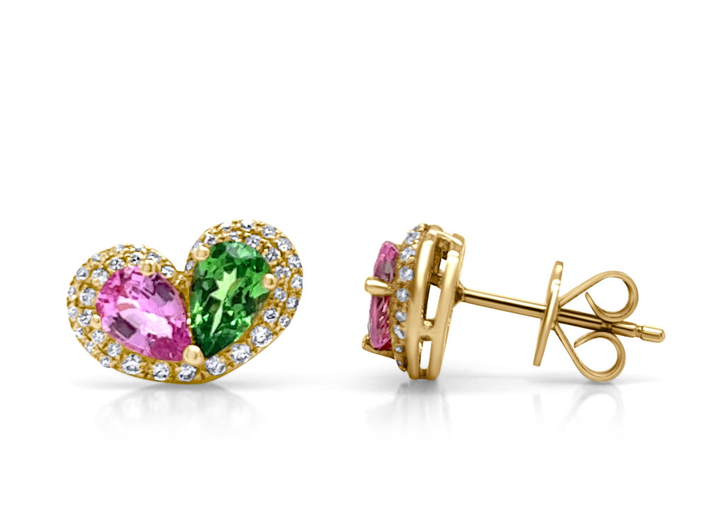 Earrings 18kt Tsavorites & Pink Sapphire Pear Shape with Diamonds Halo