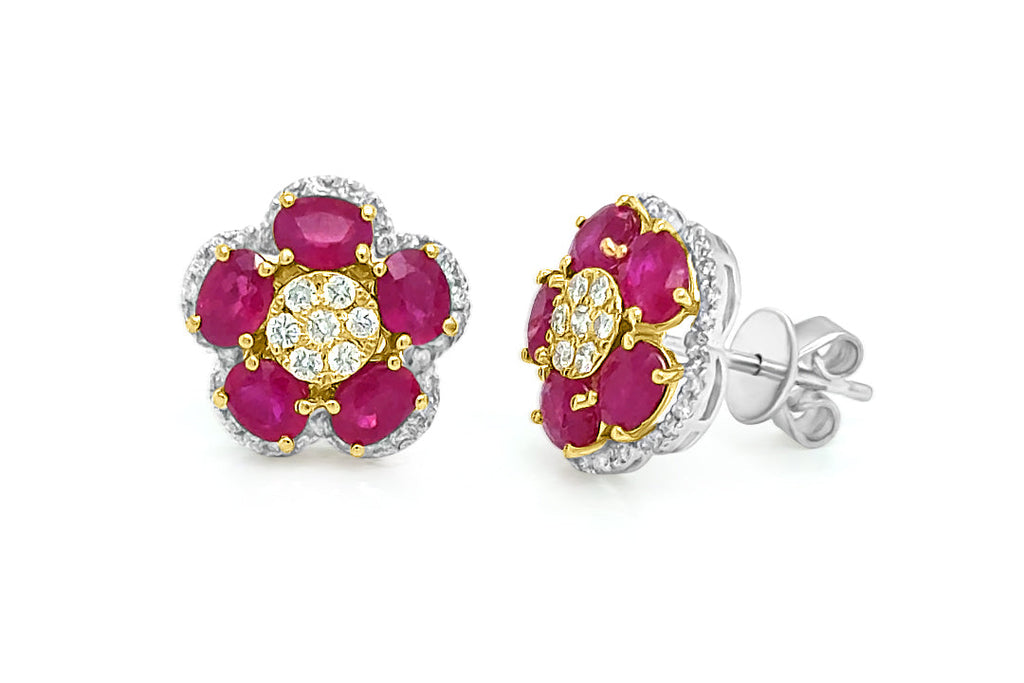 Earrings 18kt Yellow and White Gold Rubies & Diamonds Flowers