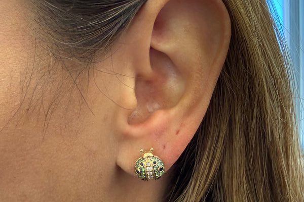 Earrings 18Kt Gold Ladybugs with Tsavorites, Sapphires and Diamonds