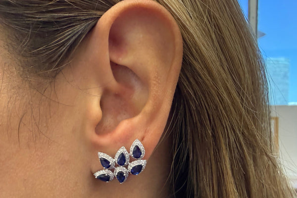 Earrings 14kt Gold Climbers Pear Sapphires with Diamonds