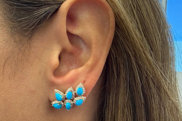 Earrings 14kt Gold Climbers Pear Cabouchon Turquoise with Diamonds