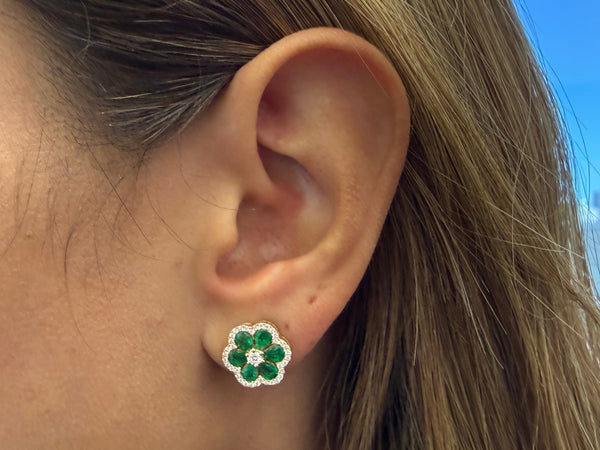 Earrings 18kt White Gold Flowers Emeralds & Diamonds