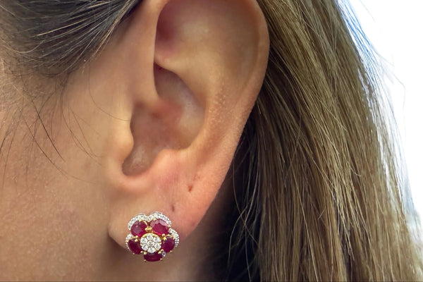 Earrings 18kt Yellow and White Gold Rubies & Diamonds Flowers