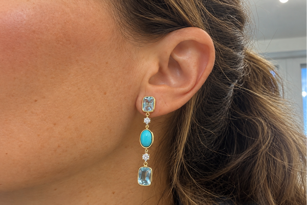 Earrings 14kt Gold Turquoise, Aquamarines & Diamonds Drops