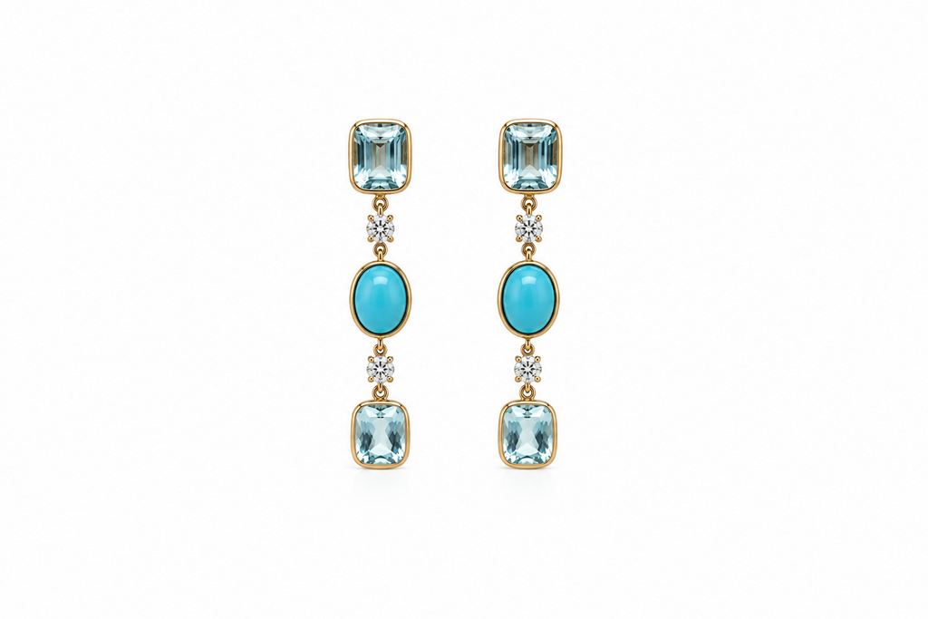 Earrings 14kt Gold Turquoise, Aquamarines & Diamonds Drops