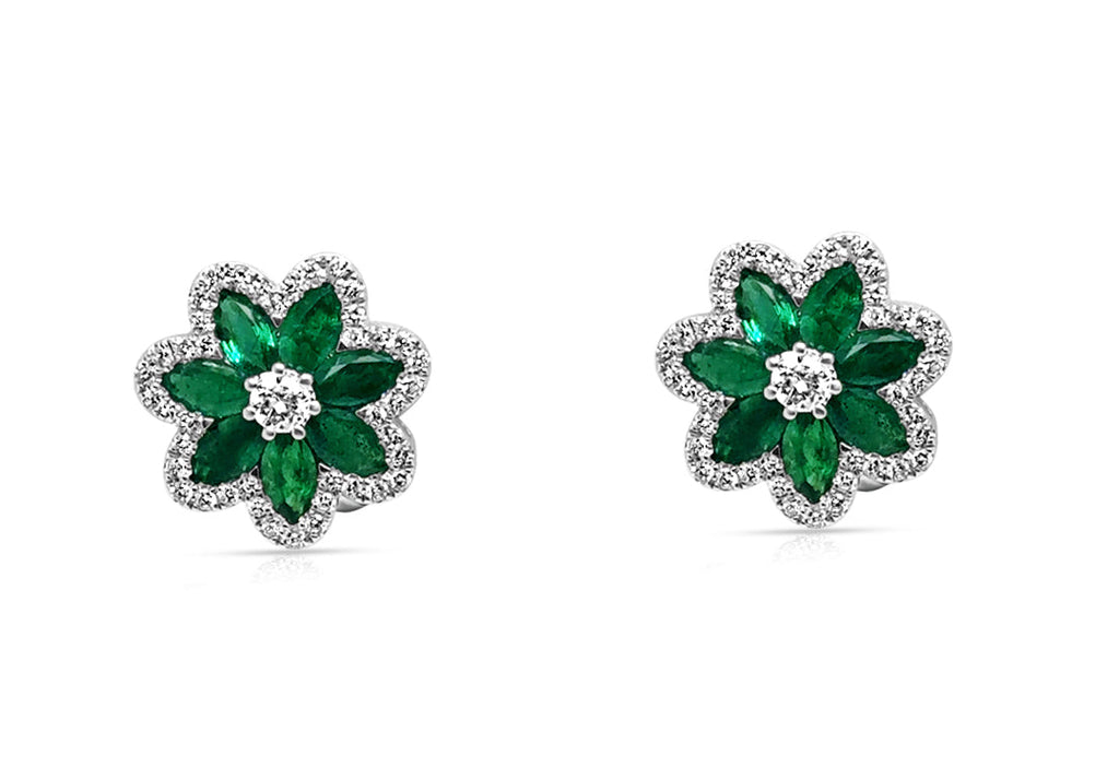 Earrings 18kt White Gold Flowers Emeralds & Diamonds
