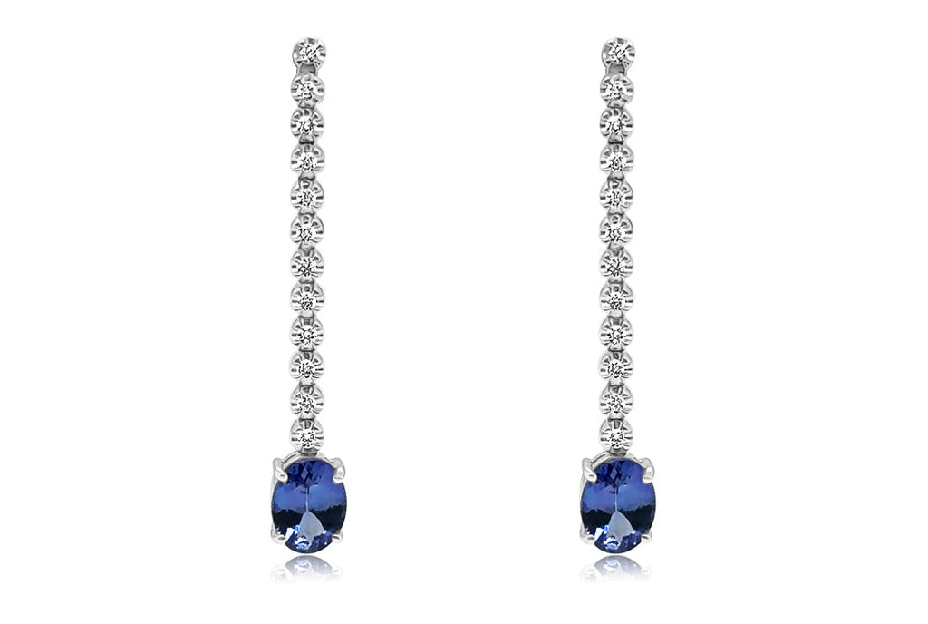 Earrings 18kt White Gold Inline Diamonds with Oval Tanzanita Drops