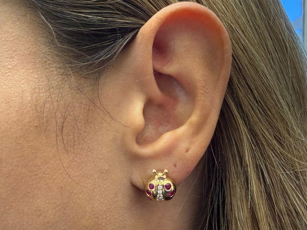 Earrings 18Kt Gold Ladybugs with Rubies and Diamonds