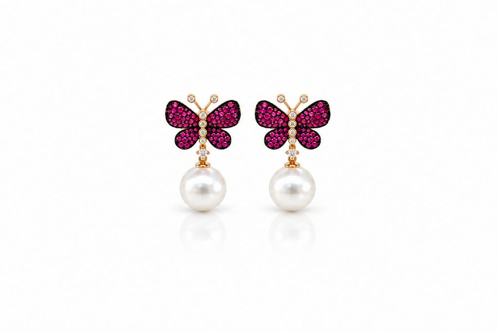 Earrings 18kt Gold Ruby Diamond Butterfly and Pearls Drop