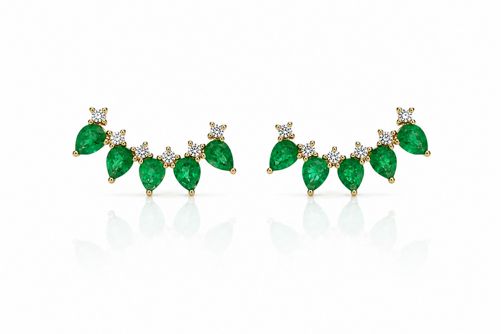 Earrings Crawlers 14 Kt Gold Pear Emeralds & Diamonds