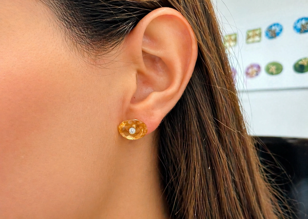 Earrings 18kt Gold Oval Citrine Studs with Diamonds