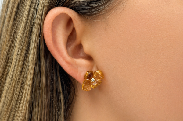 Earrings 18kt Gold Citrine Asymmetrical Carved Flowers & Diamonds