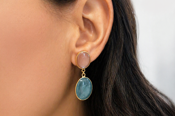 Earrings 18kt Gold Aquamarine & Moonstone Ovals