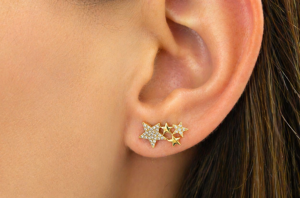 Earrings 14kt Gold Four Stars & Diamonds Stud