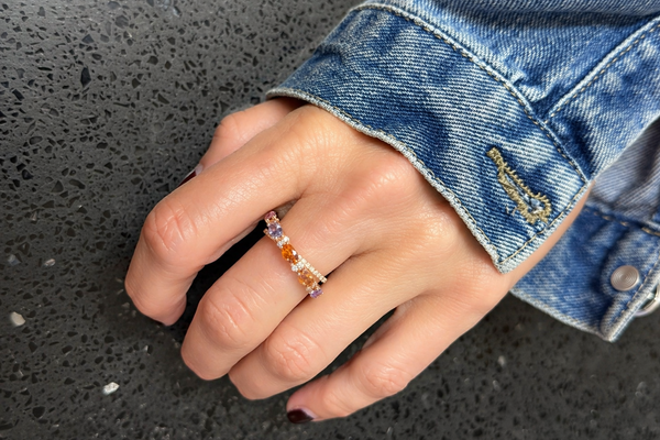 Ring 14kt Gold Criss-Cross Multicolor Sapphires & Diamonds