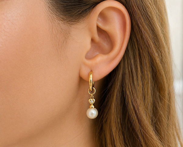 Earrings 18kt Gold Detachable Pearls & Hearts with Diamonds Drop