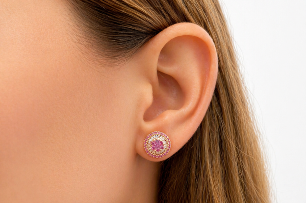 Earrings 18kt Gold Center-Border Pink Sapphires & Diamonds Pizza