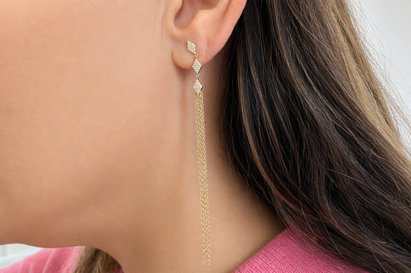 Earrings 14kt Gold rhombus-shaped Diamonds and rain of Chains