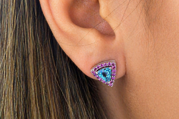 Earrings 18kt Gold Trillion Aquamarines & Pink Sapphires