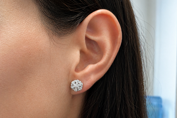 Earrings 18kt White Gold Hexagonal Flowers Round Diamonds