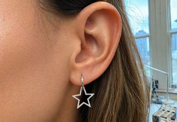 Earrings 14kt White Gold Huggies Star & Diamonds Drop